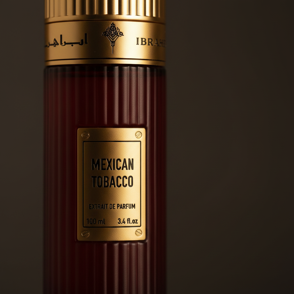 Mexican Tobacco Extrait de Parfum close-up detail of gold cap and label