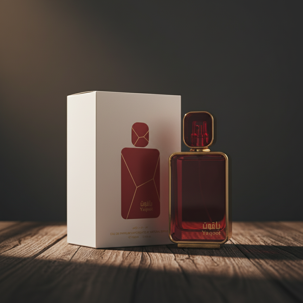 Yaqoot perfume bottle and white box packaging on dark wood