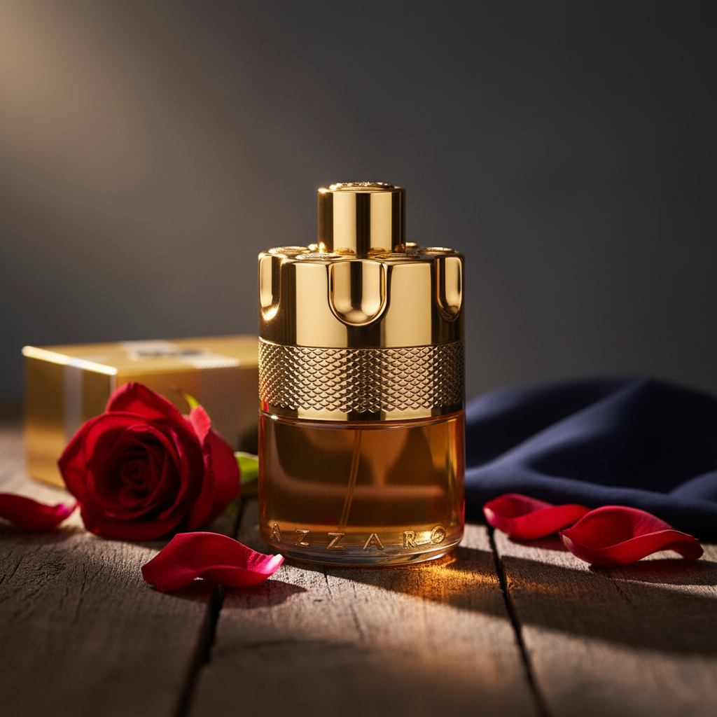 Azzaro Forever Wanted Elixir - Lifestyle Shot with Rose and Navy Fabric