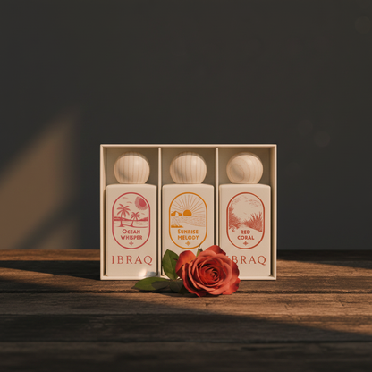 IBRAQ Summer Ocean perfume lifestyle shot with rose prop