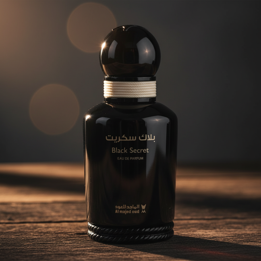 Black Secret Eau de Parfum close-up detail of black cap and label