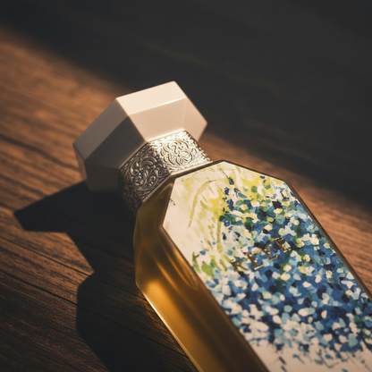 Close-up detail of Reef Pure Musk bottle showing silver collar and floral artwork, warm studio light
