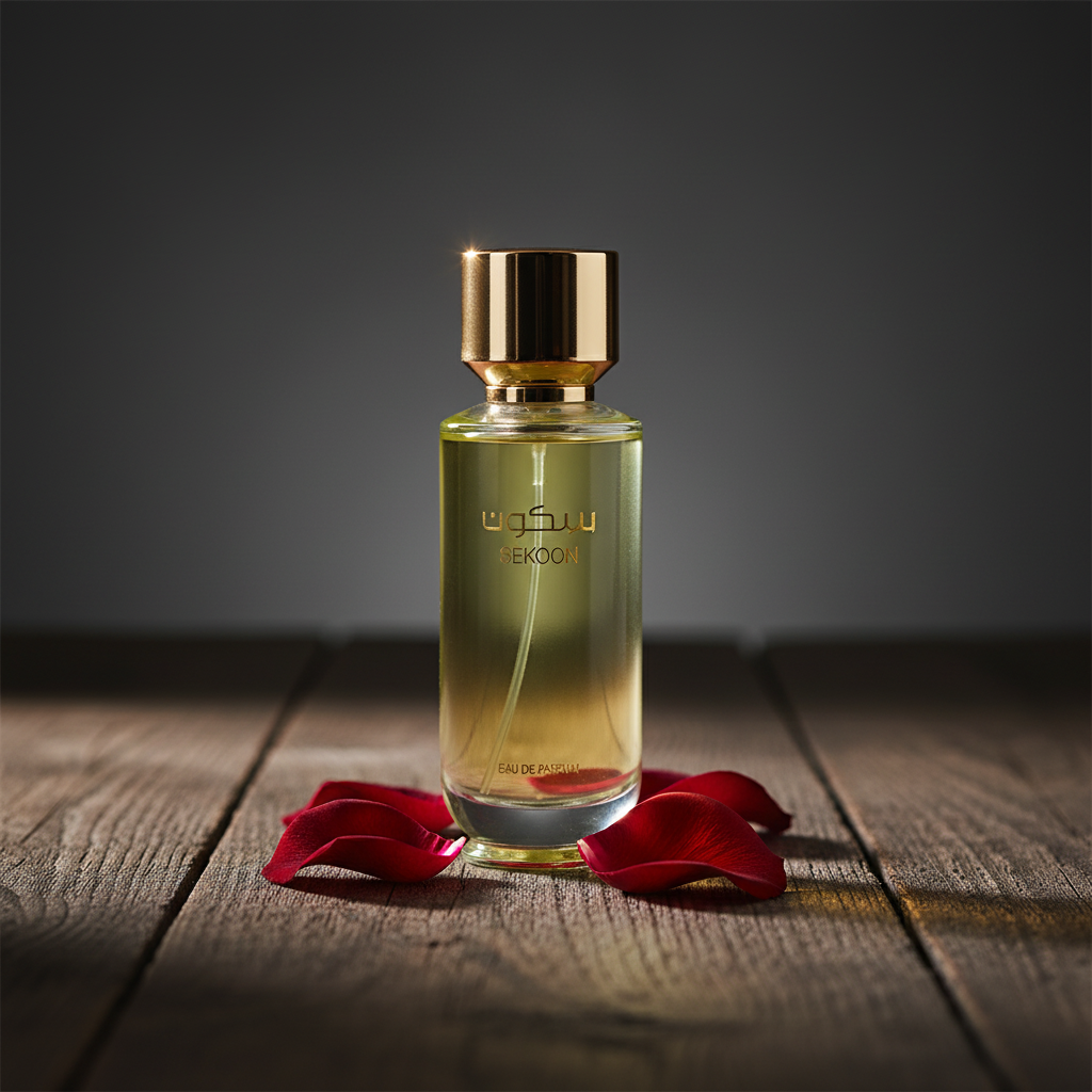 Sekoon Eau de Parfum lifestyle shot with rose petals on dark wood