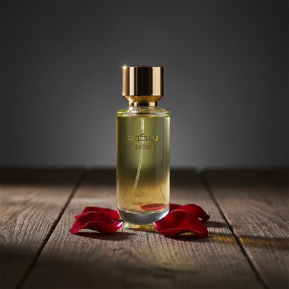 Sekoon Eau de Parfum lifestyle shot with rose petals on dark wood