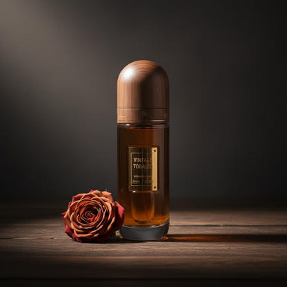 Vintage Tobacco by Ibraq — lifestyle shot with single rose bloom prop at base, dark moody Arabian luxury setting