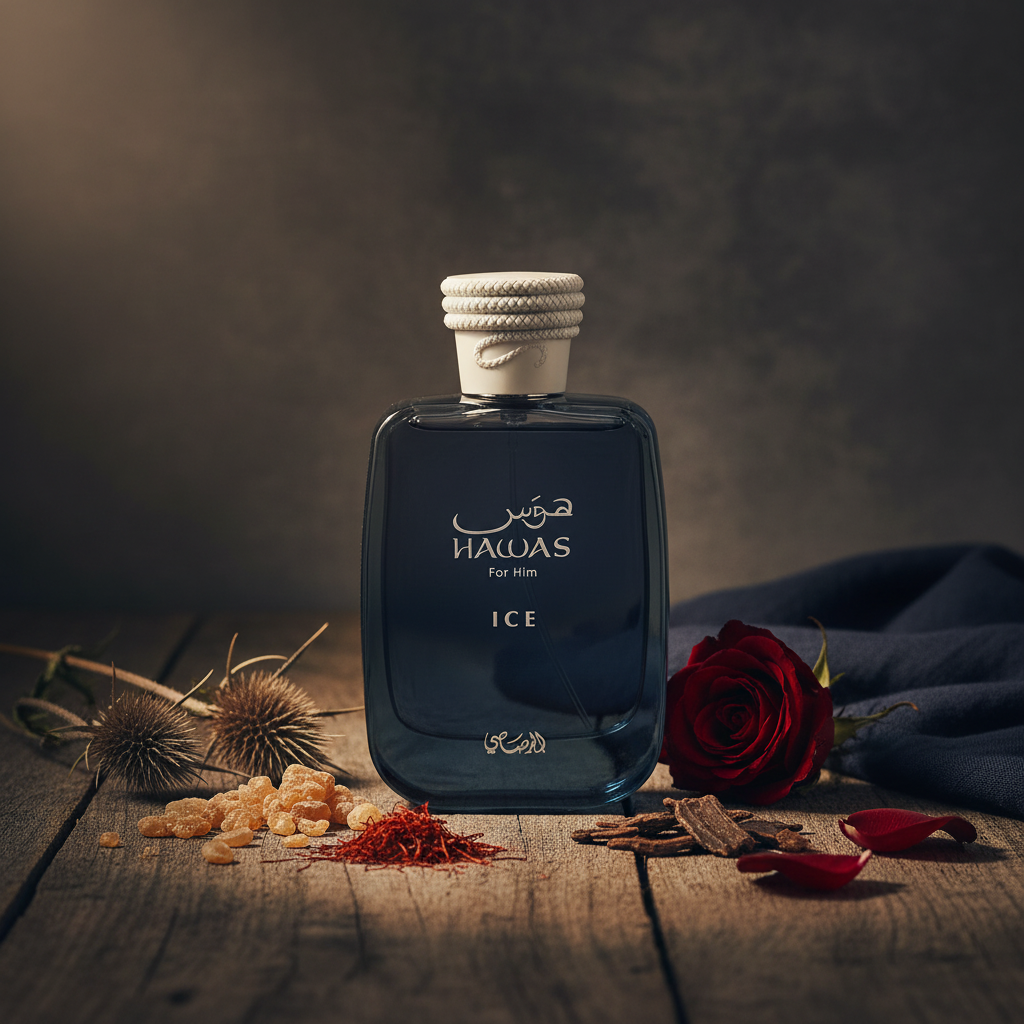 HAWAS ICE perfume lifestyle shot with frankincense, oud, rose and saffron props