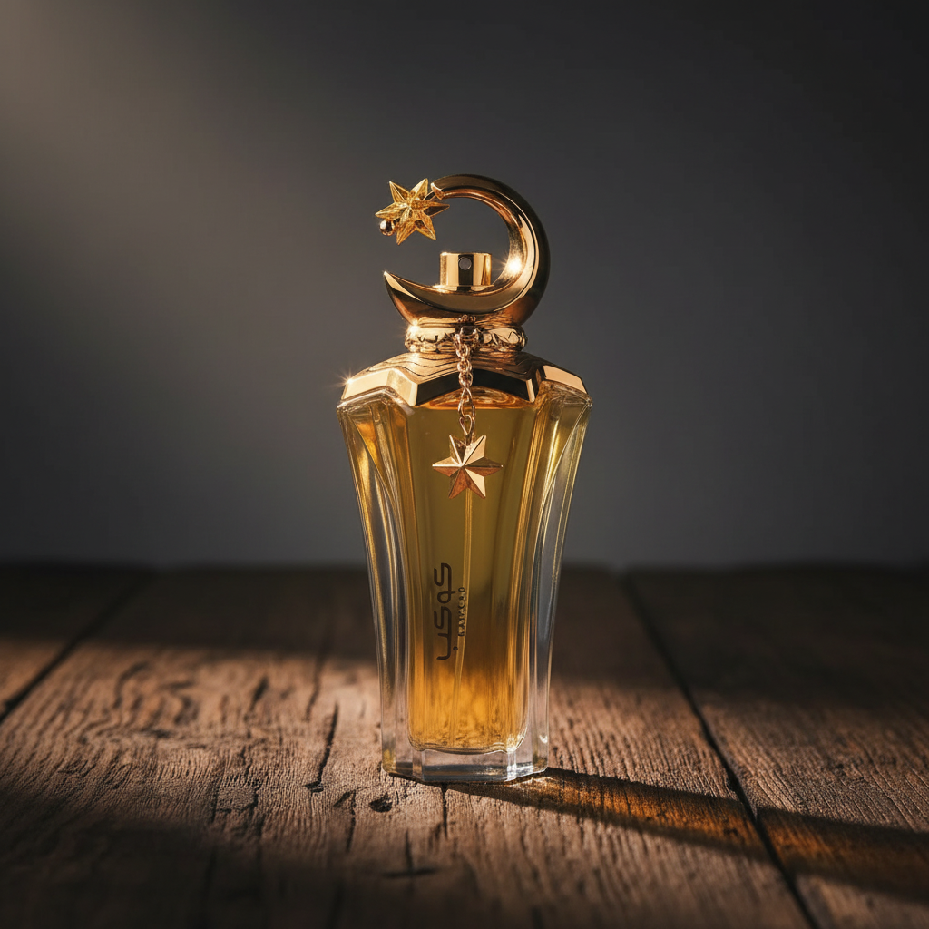 Kawkab perfume bottle hero front shot on dark wood surface