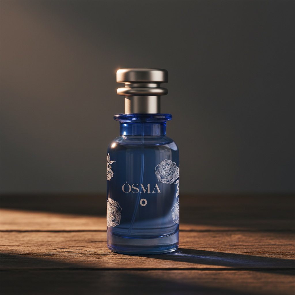 OSMA O luxury perfume bottle hero front shot on dark wood surface
