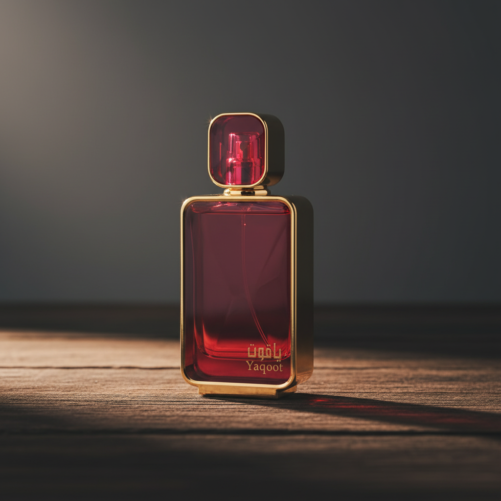 Yaqoot perfume bottle hero front shot on dark wood