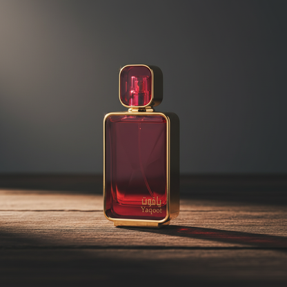 Yaqoot perfume bottle hero front shot on dark wood