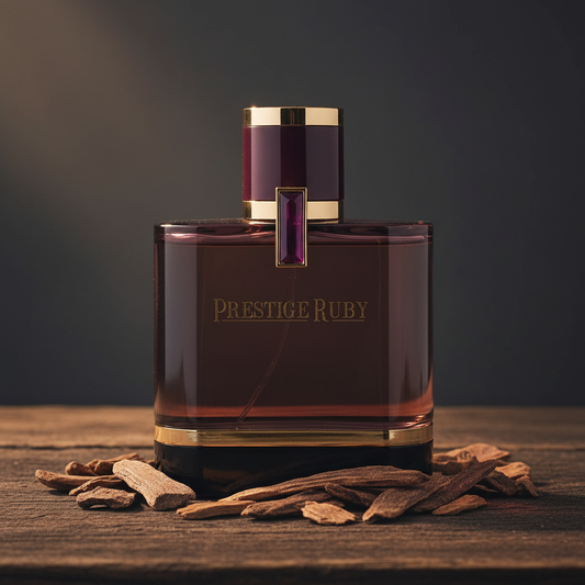 Prestige Ruby EAU DE PARFUM by Al Majed Oud — Lifestyle shot with oud chips scattered at base