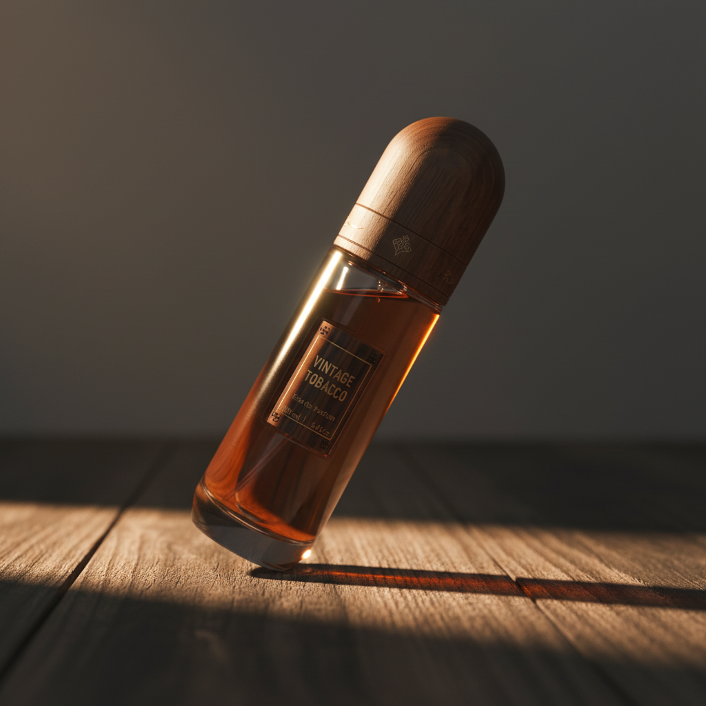 Vintage Tobacco by Ibraq — three-quarter front angle, amber glass bottle with walnut wood cap, warm amber studio lighting