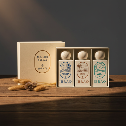IBRAQ Summer Breeze perfume lifestyle shot with dried botanical stems