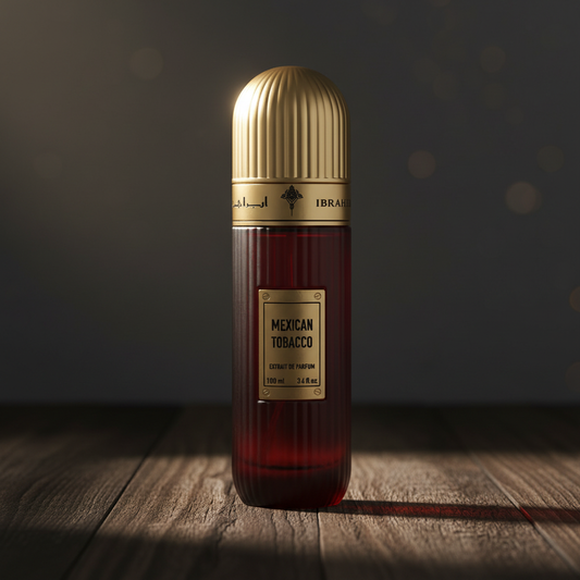 Mexican Tobacco Extrait de Parfum hero front shot on dark wood surface