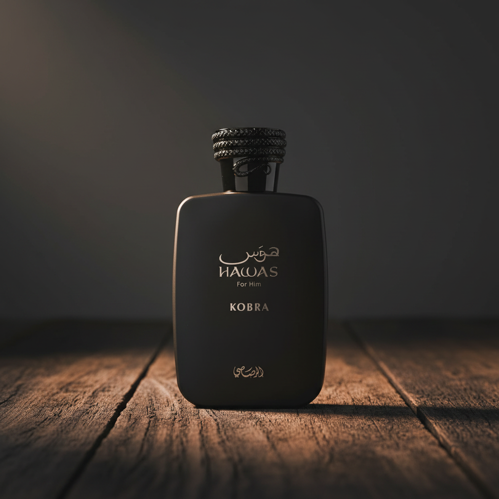 Hawas Kobra by Rasasi – Hero Front, dark studio, warm directional light