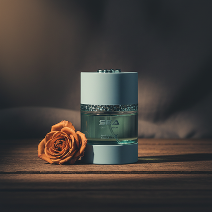 Al Majed Oud Sea EDP styled with single rose bloom on dark wood