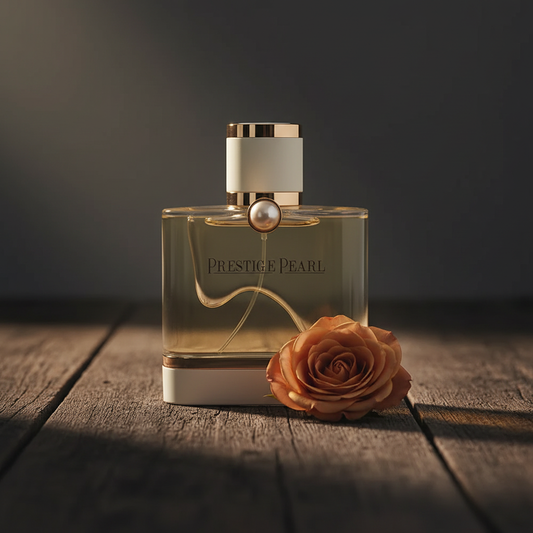Prestige Pearl EAU DE PARFUM by Al Majed Oud — Lifestyle shot with single rose bloom at base