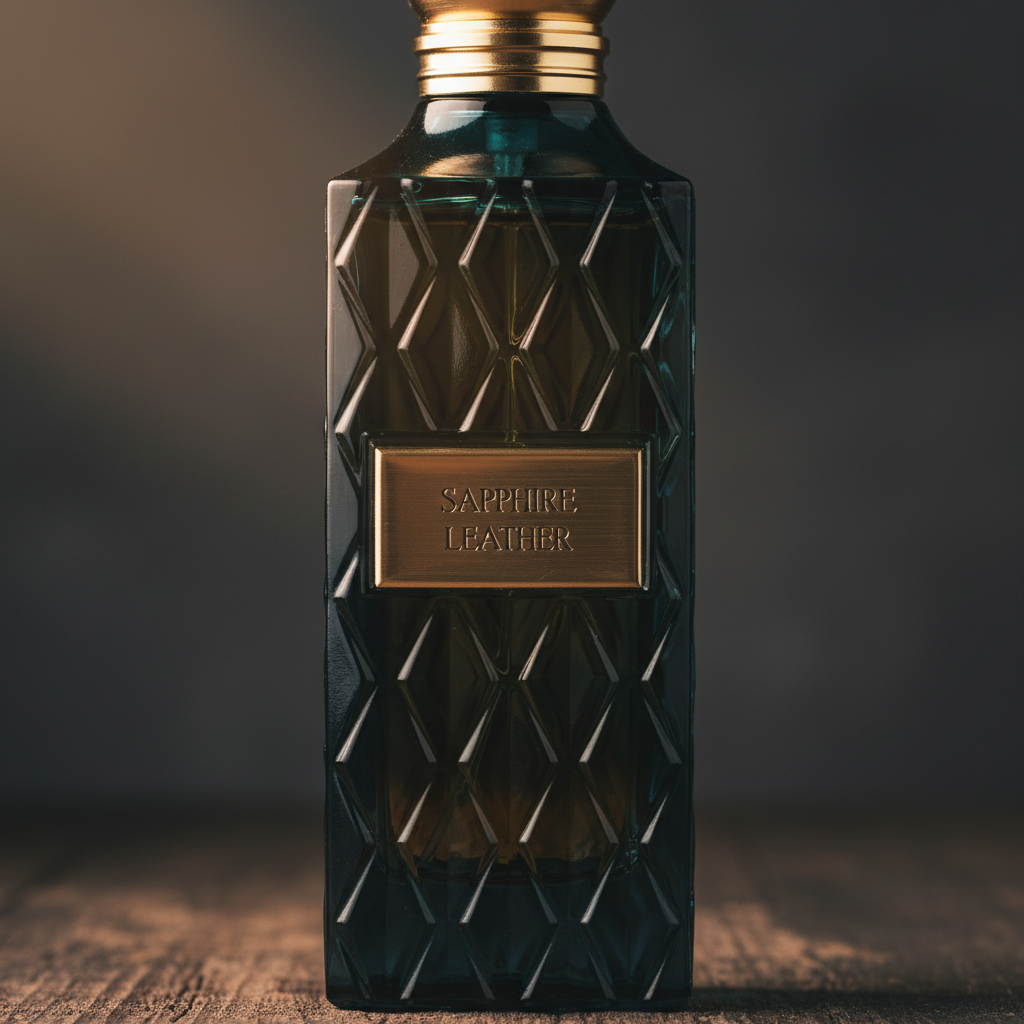 Sapphire Leather by IBRAQ — Close-up detail of faceted glass and gold label
