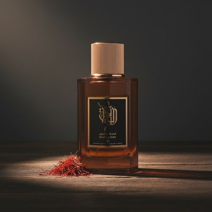 Musk Kashmir perfume bottle lifestyle shot with saffron threads
