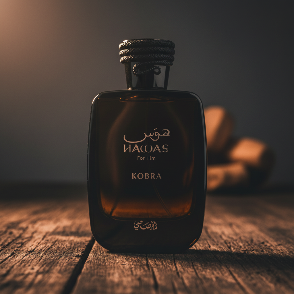 Hawas Kobra by Rasasi – Close-Up Detail, label and cap macro
