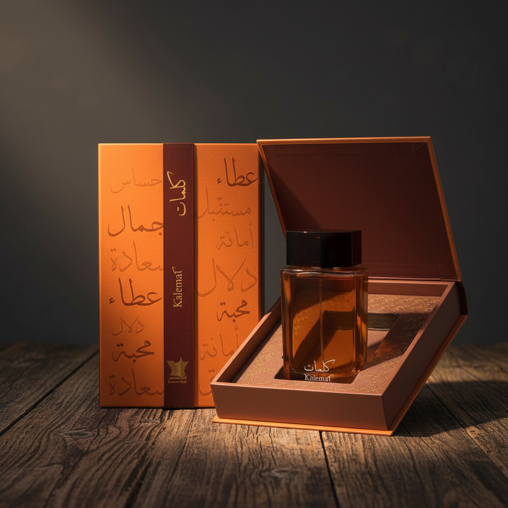 Kalemat perfume bottle with orange packaging box on dark wood