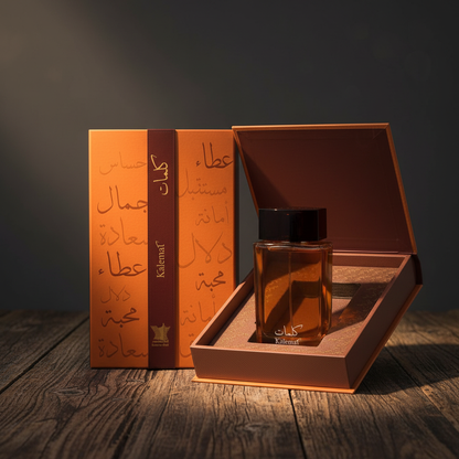 Kalemat perfume bottle with orange packaging box on dark wood