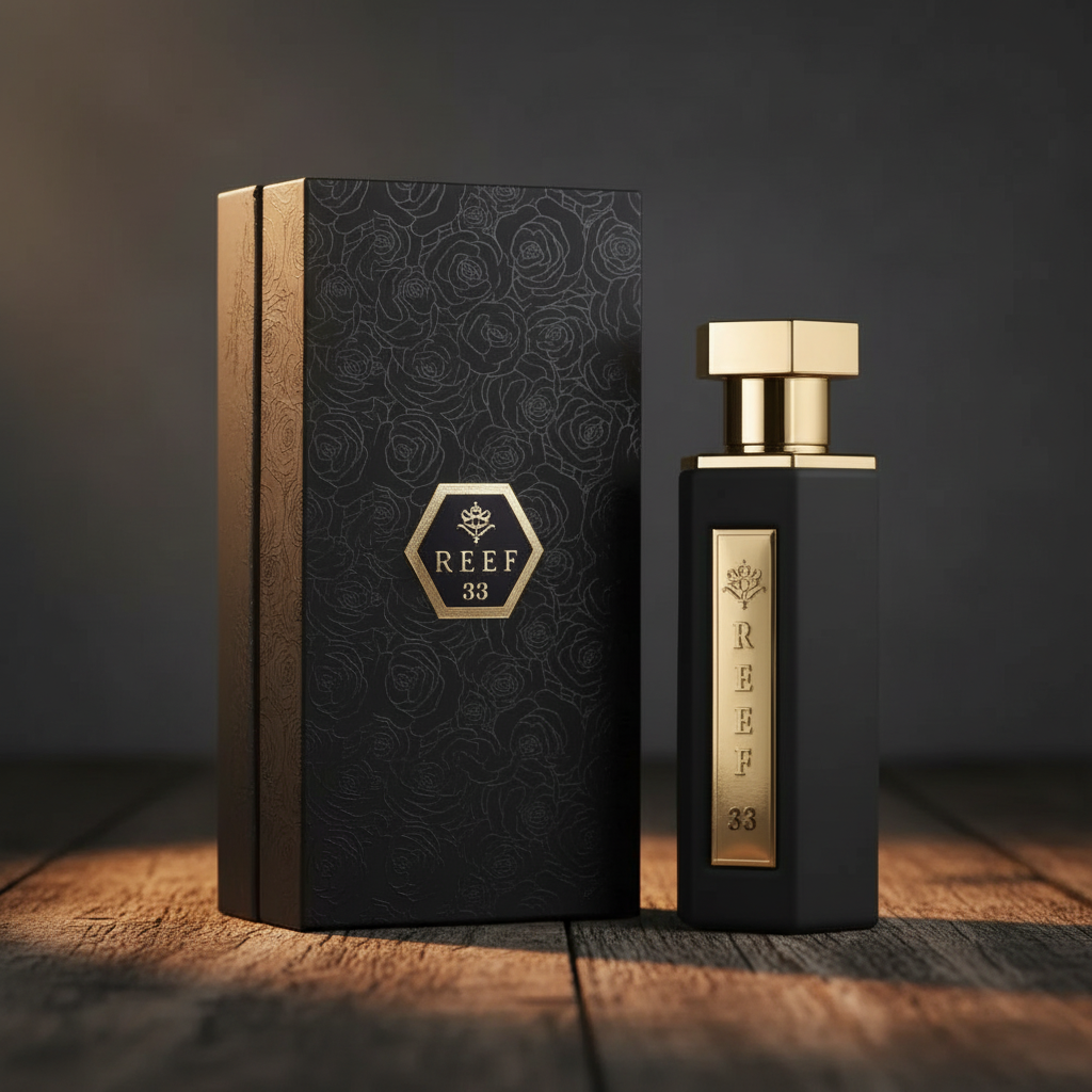 Obaiah Reef 33 luxury perfume box and bottle packaging