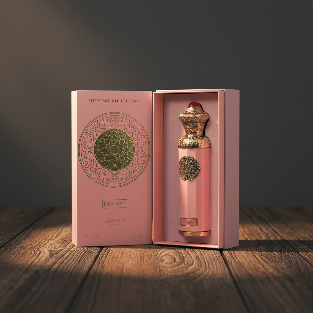 Pink Miss by Surrati Heritage Collection — Box and bottle packaging on dark wood surface