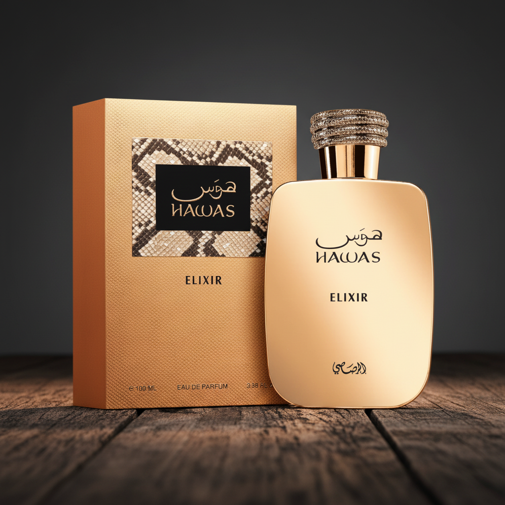 Hawas Elixir perfume bottle with gold packaging box