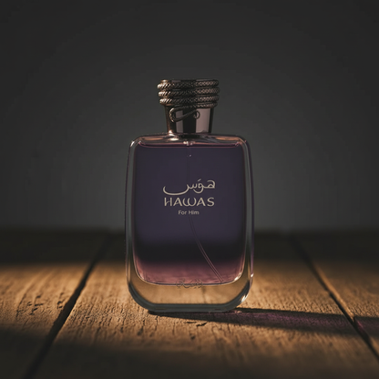Hawas For Him 100ml EDP luxury perfume bottle, hero front shot on dark weathered wood with warm amber studio lighting