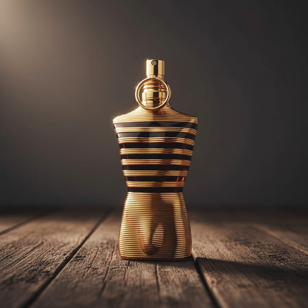 Jean Paul Gaultier Le Male Elixir perfume bottle close-up detail, gold ribbed texture