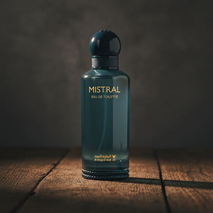 Mistral EAU DE TOILETTE by Al Majed Oud — Hero front shot on dark wood surface