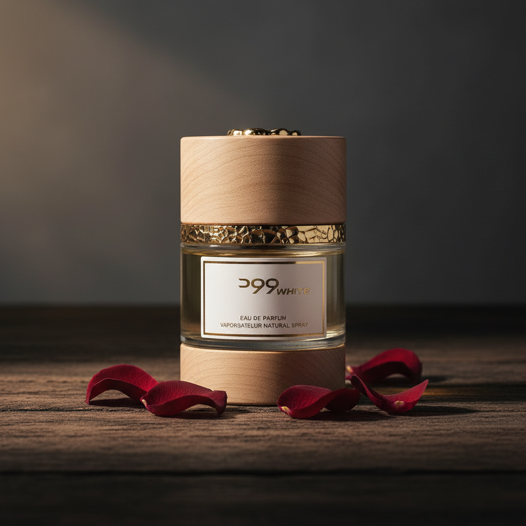D99 White Eau de Parfum lifestyle shot with rose petals on dark wood