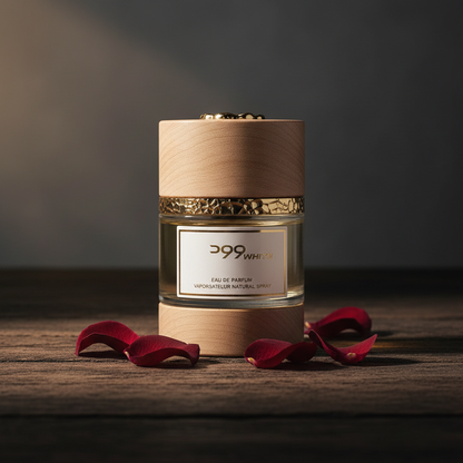 D99 White Eau de Parfum lifestyle shot with rose petals on dark wood