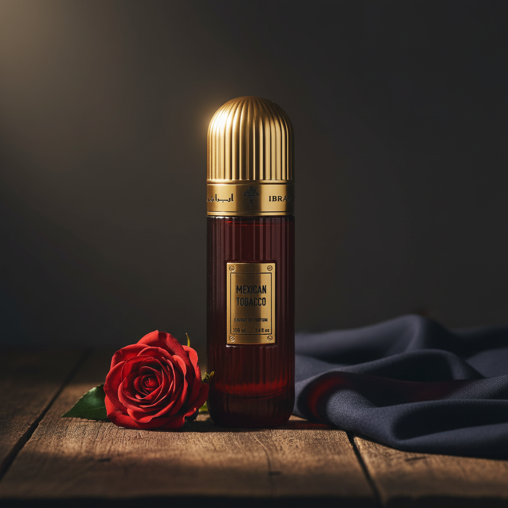 Mexican Tobacco Extrait de Parfum lifestyle shot with rose prop on dark wood