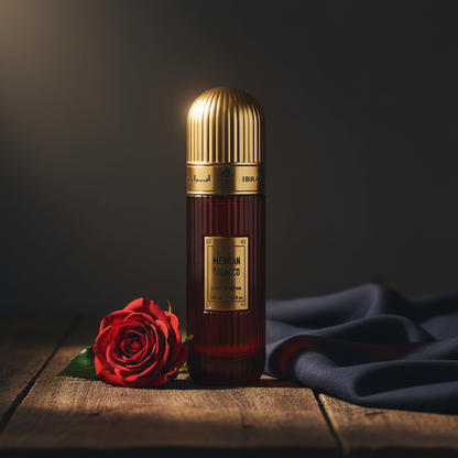 Mexican Tobacco Extrait de Parfum lifestyle shot with rose prop on dark wood