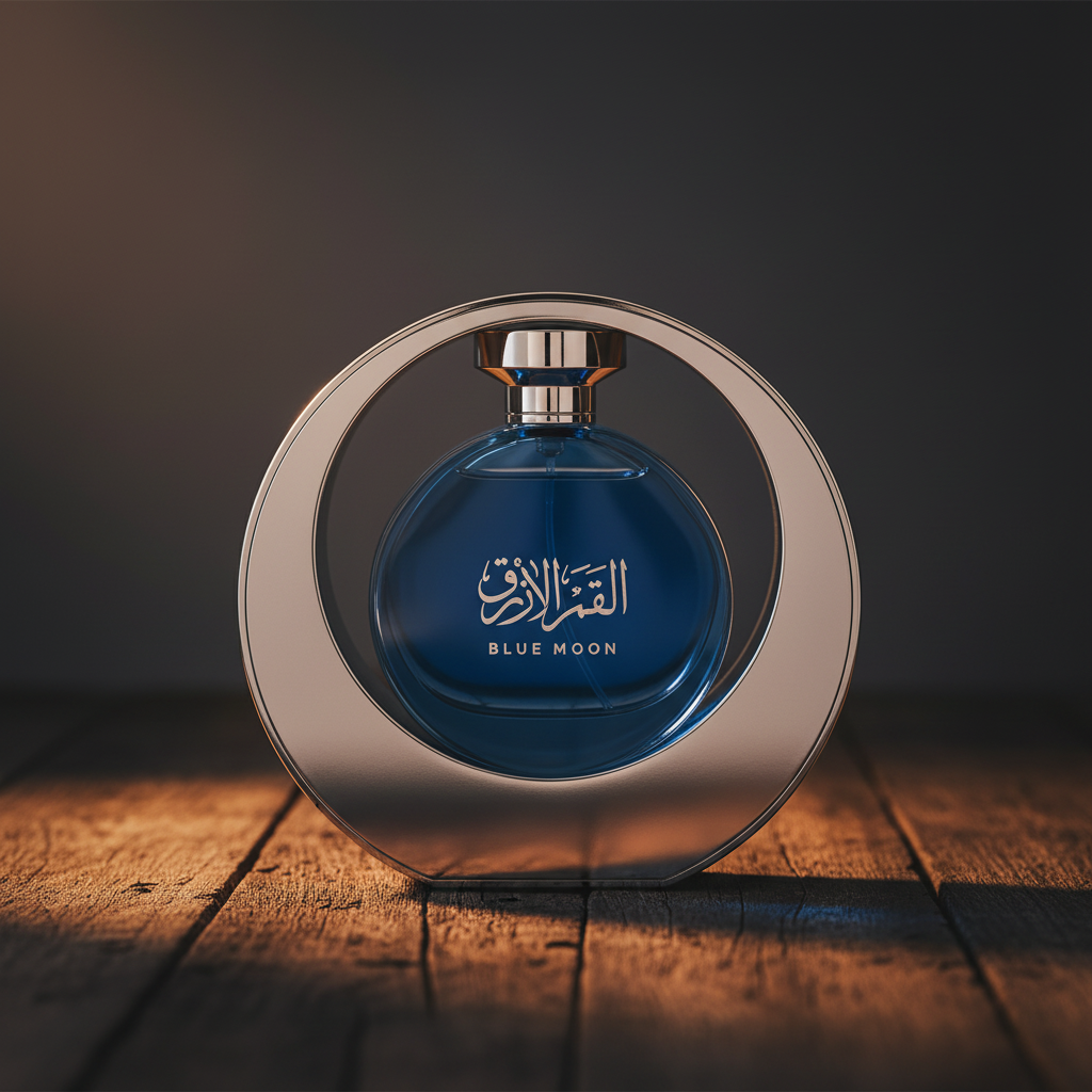 Arabian Oud Blue Moon perfume bottle centered on dark wood, hero front shot