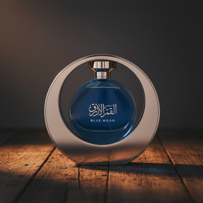 Arabian Oud Blue Moon perfume bottle centered on dark wood, hero front shot