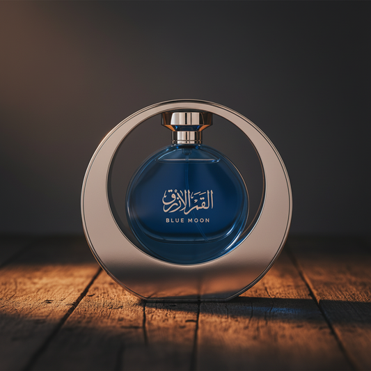 Arabian Oud Blue Moon perfume bottle centered on dark wood, hero front shot