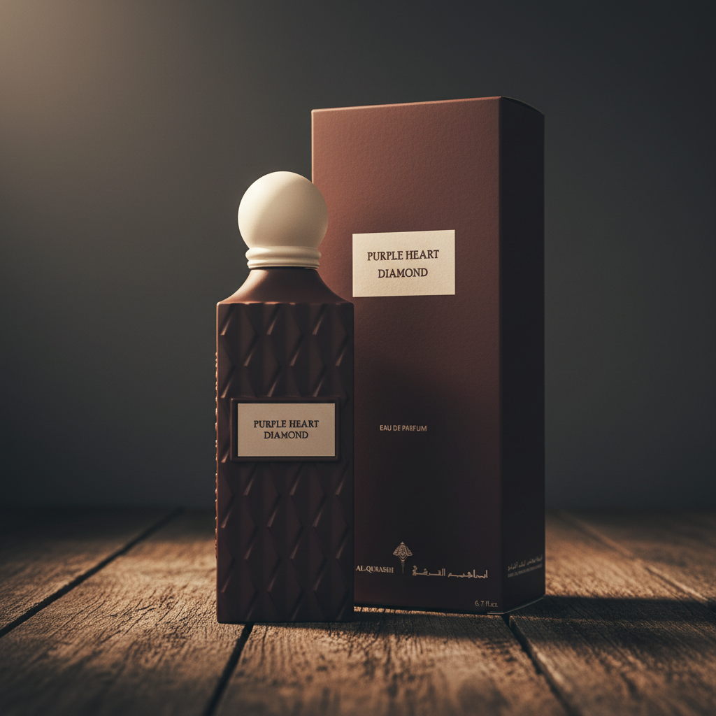 Purple Heart Diamond perfume bottle with packaging box, dark luxury studio setting