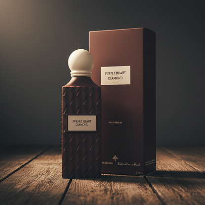 Purple Heart Diamond perfume bottle with packaging box, dark luxury studio setting