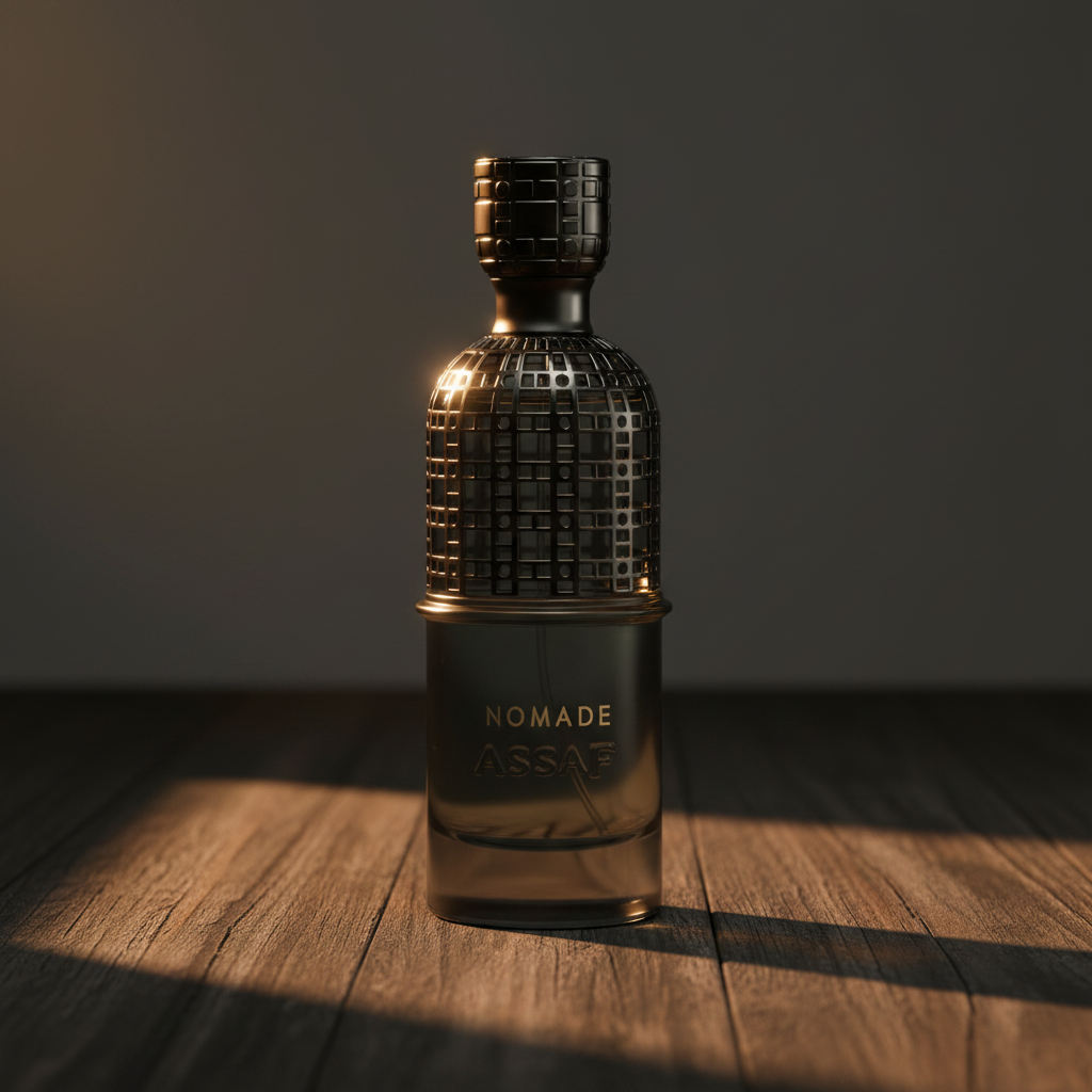 Nomade Assaf EDP – hero front shot on dark weathered wood with warm dramatic studio lighting
