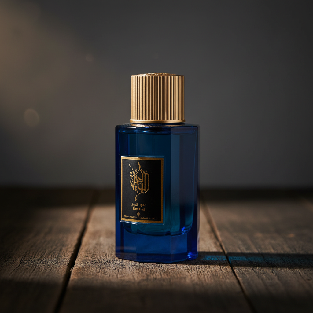 Blue Oud perfume bottle three-quarter front angle on dark wood surface