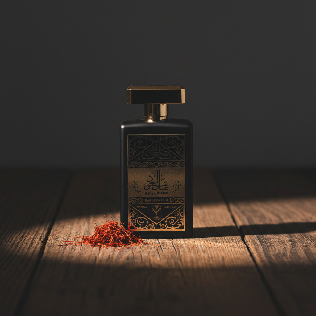 Ashek Al Oud perfume bottle styled with saffron threads on dark wood – Arabian luxury lifestyle shot