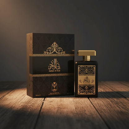 Ashek Al Oud 100ml Eau de Parfum bottle with black and gold gift box packaging