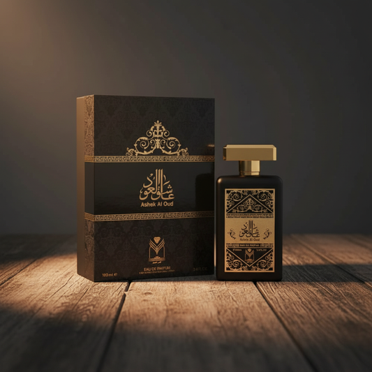 Ashek Al Oud 100ml Eau de Parfum bottle with black and gold gift box packaging