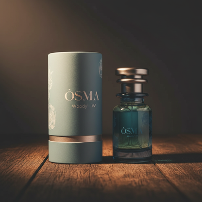 OSMA Woody W perfume bottle with cylindrical box packaging