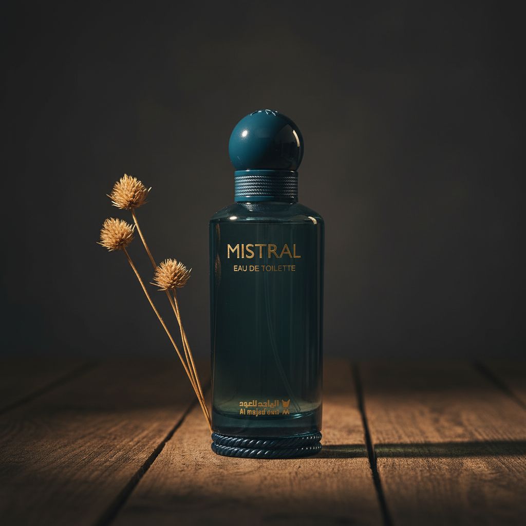 Mistral EAU DE TOILETTE by Al Majed Oud — Lifestyle shot with dried botanical stems at base