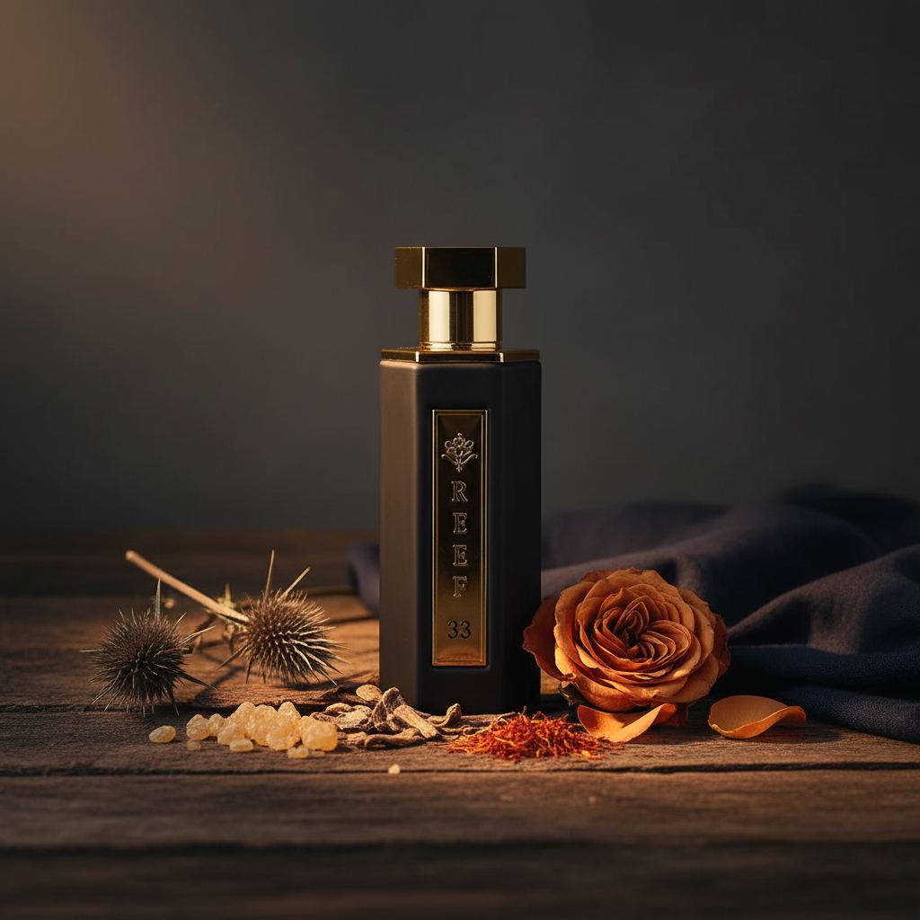 Obaiah Reef 33 luxury perfume lifestyle shot with props