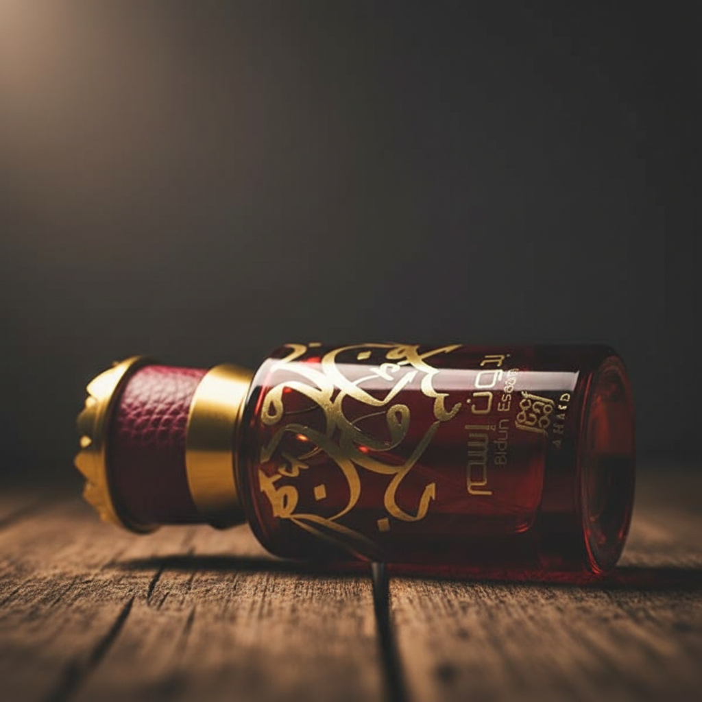 Bidun Esam perfume bottle close-up detail of gold calligraphy and cap